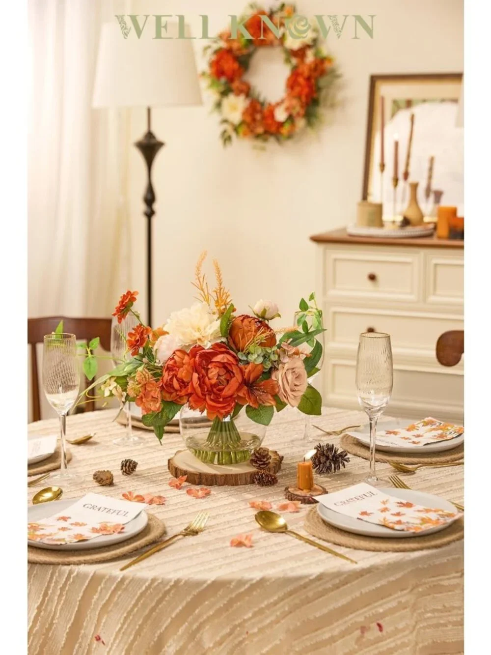Stunning Burnt Orange & Champagne Artificial Flowers in Elegant Vase - Home